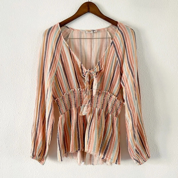 True Craft XL Smocked Tie Front Peasant Top Beachy Boho Coastal Cowgirl Beachy - Picture 1 of 13